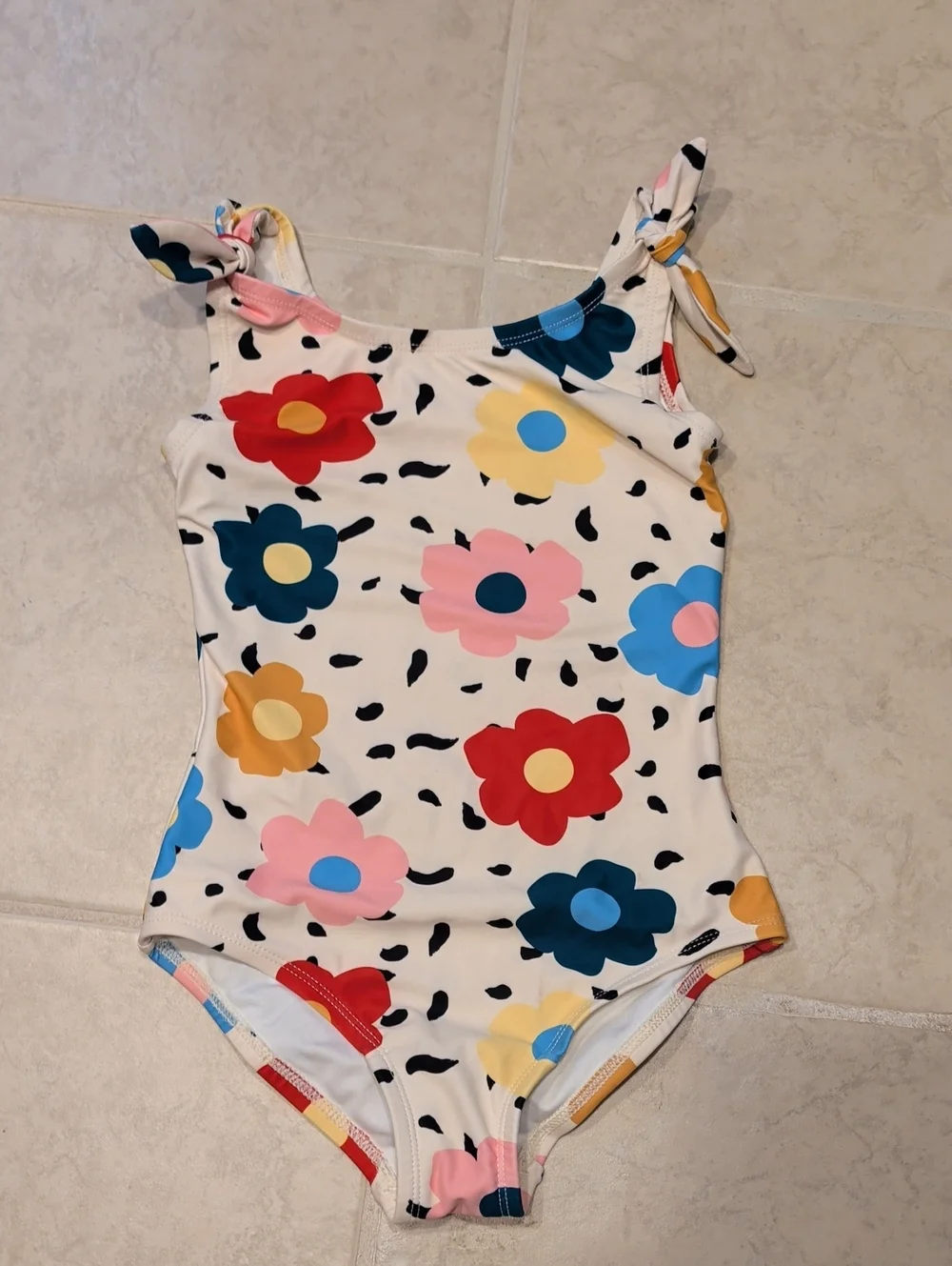 Hanna Andersson Cream Colorful Floral One-Piece Swimsuit with Tie Straps